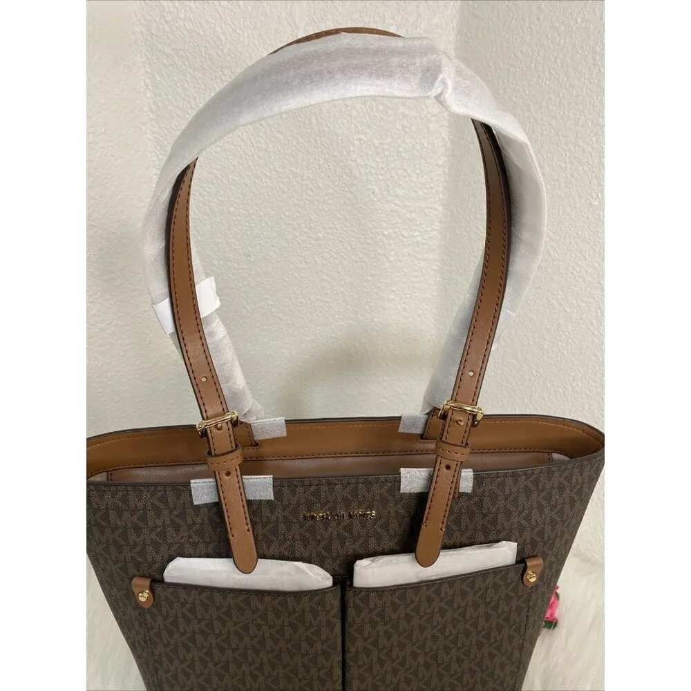 MICHAEL KORS JET SET TRAVEL MD DOUBLE POCKET TOTE SHOULDER BAG MK BROWN MOCHA